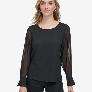 Calvin Klein Womens 1X Sheer Long Sleeve Shirt Black Blouse